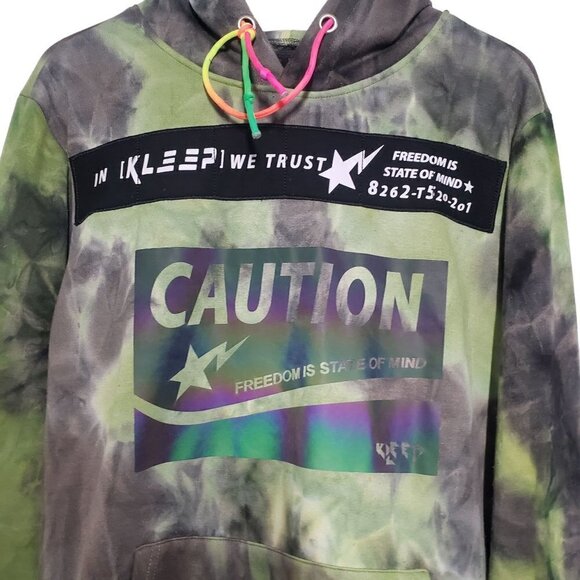 Kleep Reflective Caution Fleece Hoodie Green Tie Dye Pullover Mens Medium - Picture 2 of 11